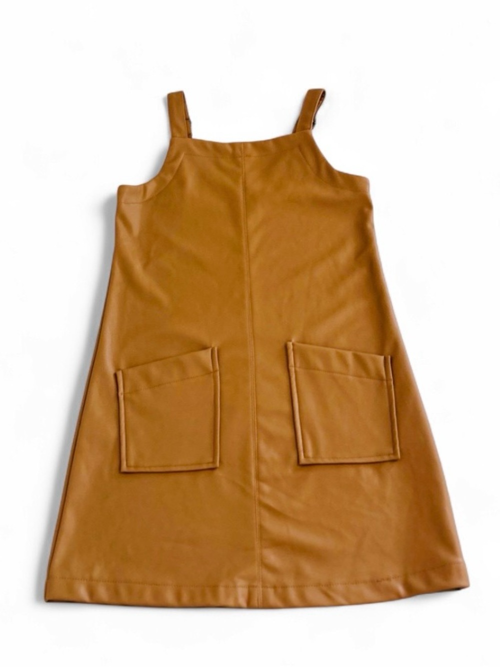 Paisley Lane Faux Leather Pinafore Jumper Dress Tan Square Neck Pockets Size 12